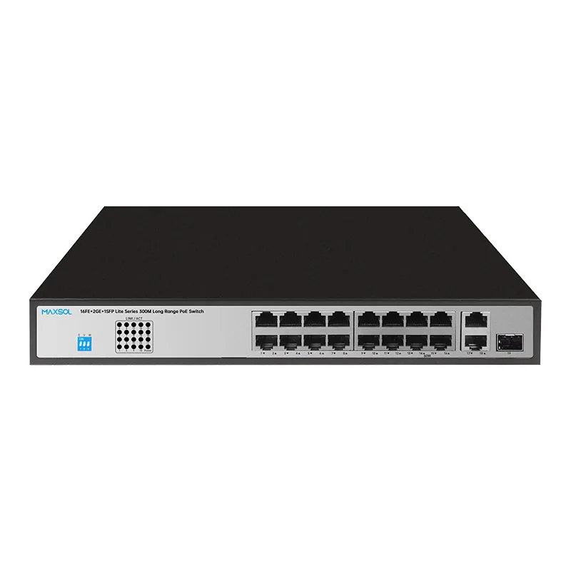 Conmutador PoE+ Fast Ethernet de 16 puertos con enlaces ascendentes Gigabit