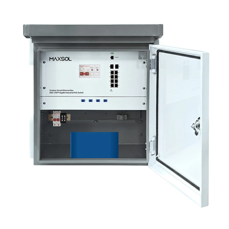 Caja industrial para exteriores con conmutador PoE 8GE+2GF gestionado y batería de 288Wh